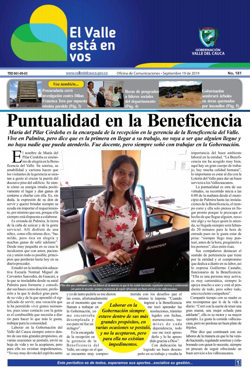 Edición No 181 del periodico Institucional de la Gobernación del Valle del Cauca